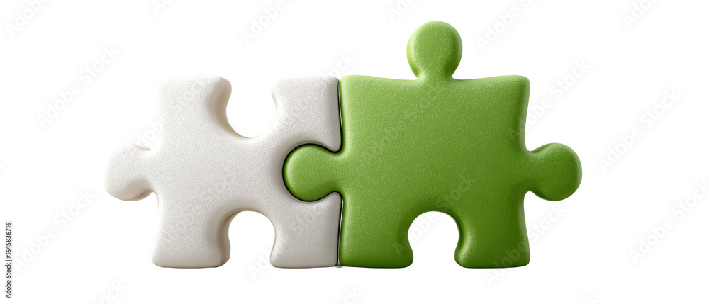 Fototapeta premium Two interlocking jigsaw puzzle pieces, one white and one green, symbolizing connection and collaboration.