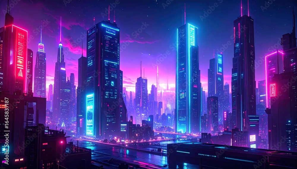 Fototapeta premium Neon cityscape at twilight