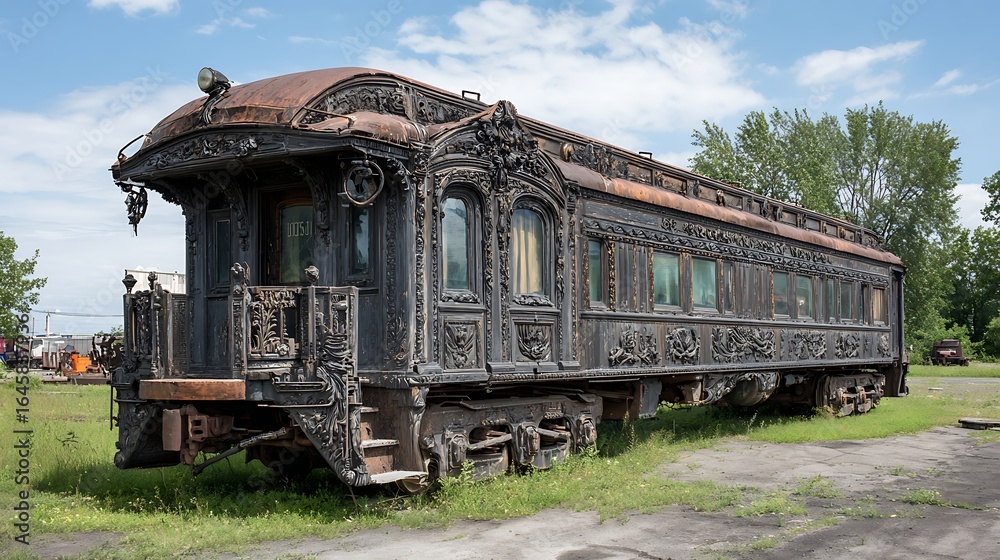 Fototapeta premium Ornate vintage train carriage sits abandoned outdoors, showcasing intricate historical details and weathered charm.