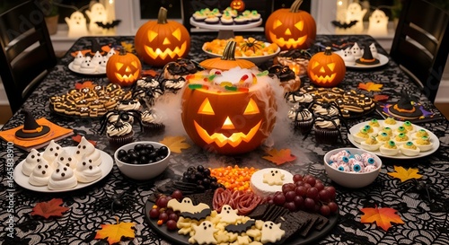 Festive Halloween Party Spread with Cobweb Tablecloth and Pumpkin Punch