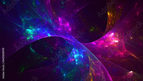 Abstract fractal design with vibrant, interwoven, glowing threads of color against a dark background