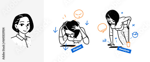 Businesswoman frustrated by poor results, holding head in anger, then smiling while analyzing positive data sheet. Outline style with blue icons.