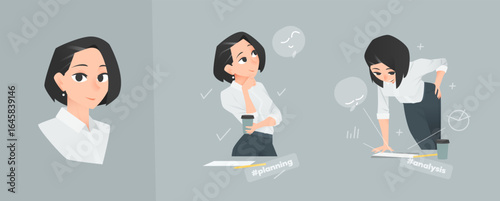 Confident caucasian businesswoman character with coffee, thinking about success. Two cartoon scenes with desk, chart visuals, and icons showing positive outlook and planning.