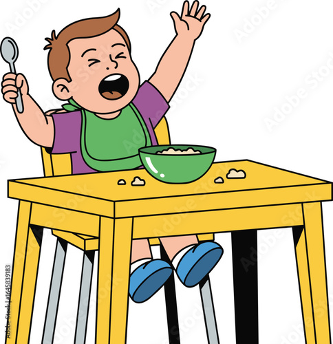 Cartoon child eating in high chair, baby mealtime illustration, toddler with spoon, food mess scene, green bib character, feeding moment vector