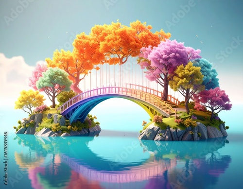 Colorful arch bridge over tranquil water, surrounded by vibrant trees