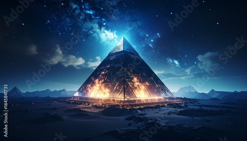 Vast pyramid, night sky, desert landscape