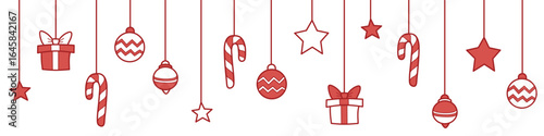 Red and white hanging Christmas decorations including gifts, candy canes, baubles, and stars. Festive horizontal banner perfect for holiday designs and seasonal greetings