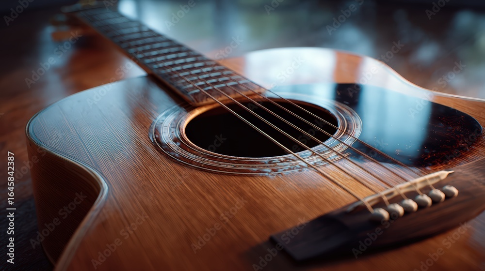 Fototapeta premium Close-Up of Acoustic Guitar on Table