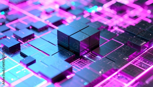Abstract 3D rendering of interconnected, metallic cubes with vibrant neon lighting and circuit-board pattern