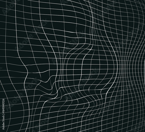 An abstract geometric pattern with a white, distorted grid on a dark green background