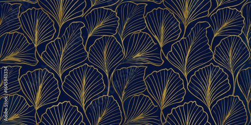Elegant gold ginkgo leaves on deep blue background pattern