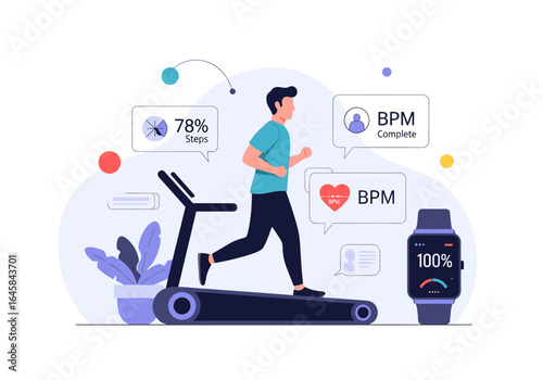 Man running on treadmill monitoring health metrics with smartwatch and digital displays