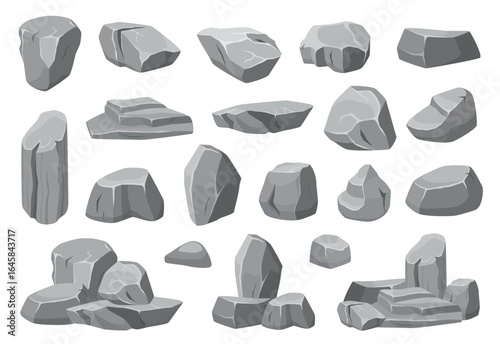 Cartoon grey stone and rock clipart, 3D boulders and pebbles, pile of rubble and debris, isolated natural landscape elements, mountain cliff and rocky terrain design. Vector set