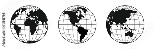 Globe icons, world map silhouette, black and white Earth and continents, global planet elements, geographic sphere world wide graphics for infographics, education. Vector isolated set