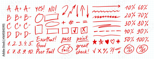 Grade mark. Hand drawn red marker doodle school grading marks, handwritten teacher exam test rating, English grades, pass or fail sketch percentage, checkbox, underline and arrow. Education vector