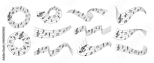 Music notes wave. Flowing musical staff lines with notes, clefs and melody rhythm patterns in dynamic circular, spiral and wavy shapes. Elegant swirling compositions for music posters. Vector set