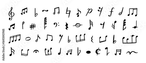 Doodle musical notes and symbols for melody, rhythm and composition. Clef, sharp, flat, rest and dynamics, accidentals sound hand drawn design musical elements. Vector sketch isolated set