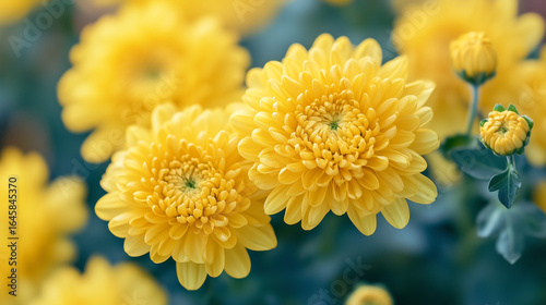 鮮やかな黄色い菊の花のクローズアップ/Close-up of vibrant yellow chrysanthemum flowers