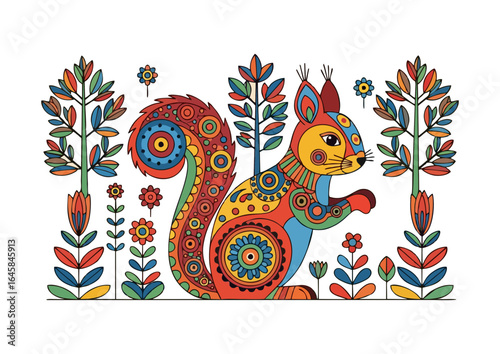 Colorful squirrel in a whimsical forest with abstract trees and flowers