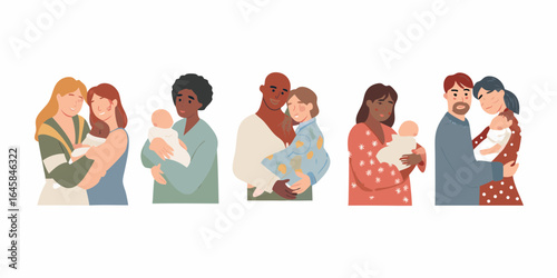 Diverse families holding and embracing their babies with love