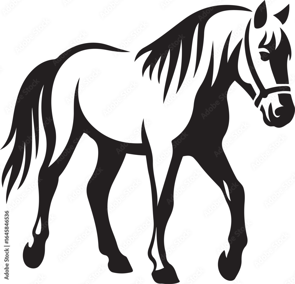 Obraz premium Walking horse silhouette black and white, Equine animal vector