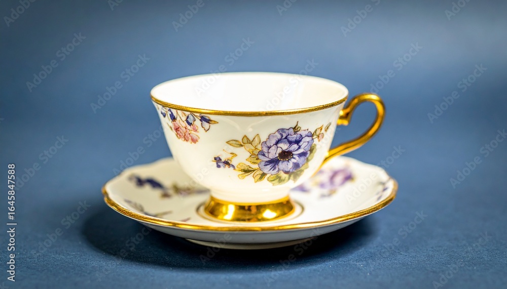 Fototapeta premium Elegant porcelain teacup with delicate floral pattern and gold accents, perfect for afternoon tea