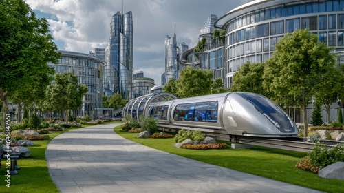 Futuristic silver train gliding through a modern urban landscape with lush greenery, sleek buildings, and a winding pathway, showcasing advanced transportation technology and eco-friendly design
