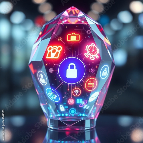 Figura cristalina con un diseño futurista en la que se proyectan diversos iconos que representan seguridad, almacenamiento, hora, archivos y conexión de Internet entre otros