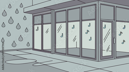 Illustration of raindrops falling near a building with music notes on the windows and gray tones used