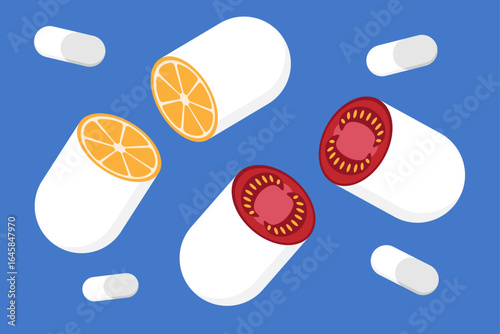 Vector illustration of pills containing vitamin C from oranges and vitamin A from tomatoes