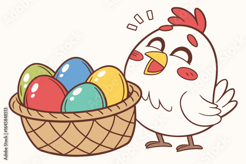 Happy Easter Chick with Colorful Eggs in Woven Basket: Cute Cartoon Illustration