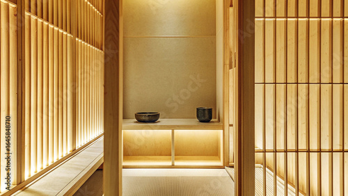 A tranquil Japanese-style interior hallway features warm wooden slat walls and soft ambient lighting over minimalist shelves displaying decorative objects.

