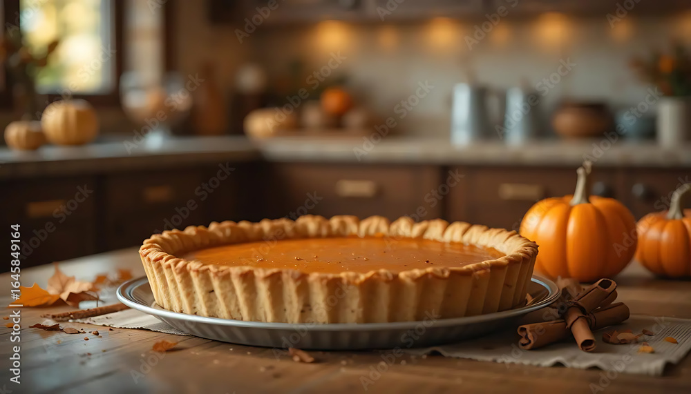 Naklejka premium Pumpkin Pie on Rustic Kitchen Counter with Autumn Decorations