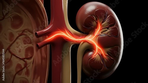 Detailed 3D Medical Rendering of Human Kidney with Visible Internal Structure and Blood Flow