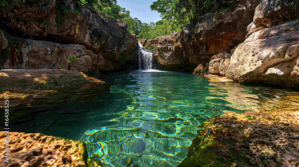 Naklejka premium Serene hidden jungle waterfall cascades into crystal clear pool, surrounded by rugged rocks and lush greenery. tranquil scene invites relaxation and exploration