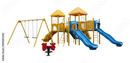 Children playing on colorful playground equipment urban park outdoor wide angle fun and adventure. Cut out png