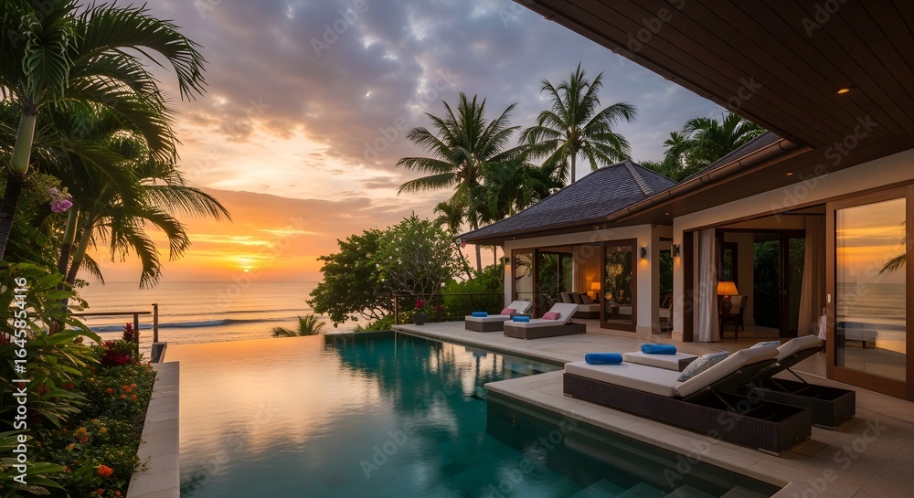 Fototapeta premium Luxury tropical villa with infinity pool overlooking ocean, golden hour