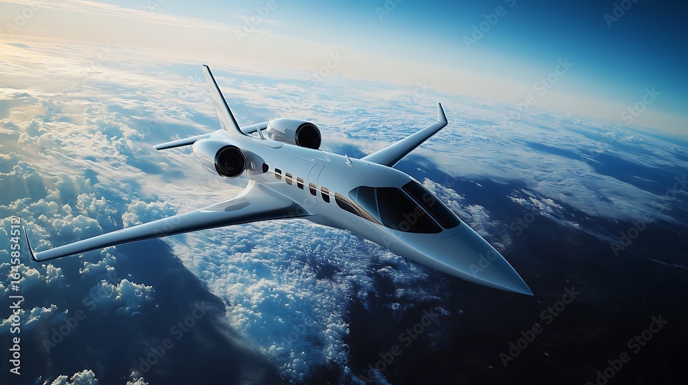 Naklejka premium A sleek private jet soaring high above the white cloud cover