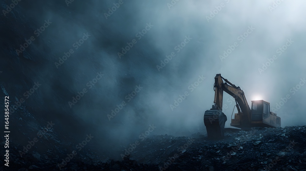 Naklejka premium Excavator digging at an open pit mine in a dusty environment