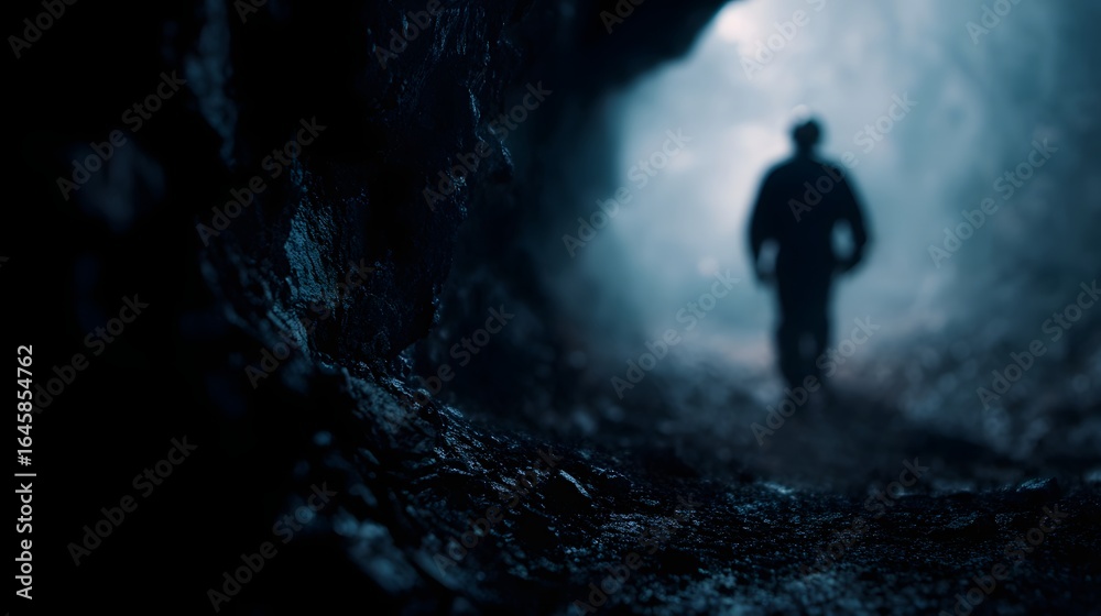 Fototapeta premium Coal miner walking through a dark underground tunnel