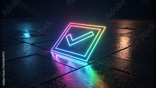 Glowing neon check mark in a square frame on a wet reflective surface
