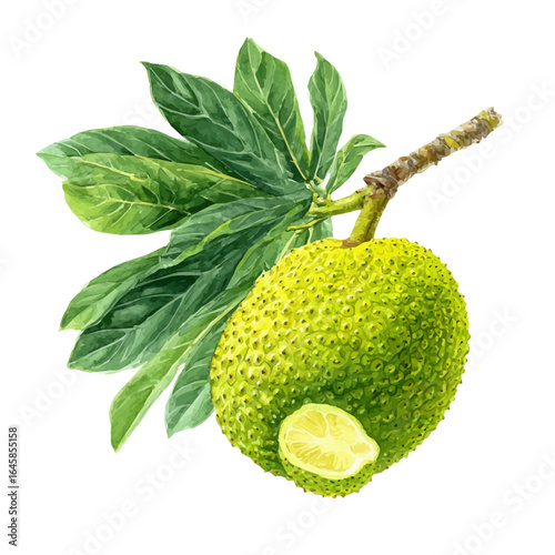 Watercolor vector illustration of Breadfruit, isolated on white background.