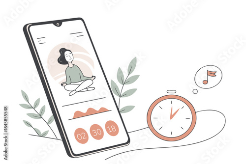 Illustration of a smartphone displaying a meditation app with a timer and musical note thought bubble nearby