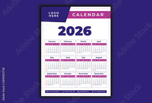 2026 Calendar editable purple template design in vector