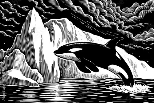 Vintage engraving of an orca breaching near an iceberg under dark Arctic clouds, perfect for antique marine artwork, nautical decor, and classic wildlife illustration