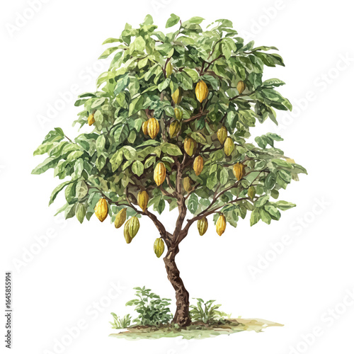Cacao Tree, watercolor painting, vector illustration, isolated on a white background.