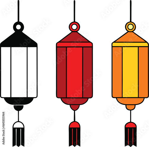 Three hanging lanterns black red orange tassel