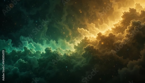 Deep space fantasy, golden and emerald nebula patterns with dust trails, ultra high detail.