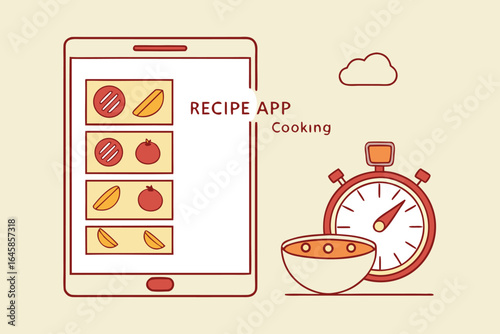 Illustration of a recipe app on a tablet with food icons, a bowl of soup, and a cooking timer clock