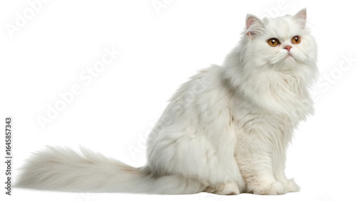 Fluffy white Persian cat with bright amber eyes sitting calmly showing its long fur and bushy tail in relaxed pose